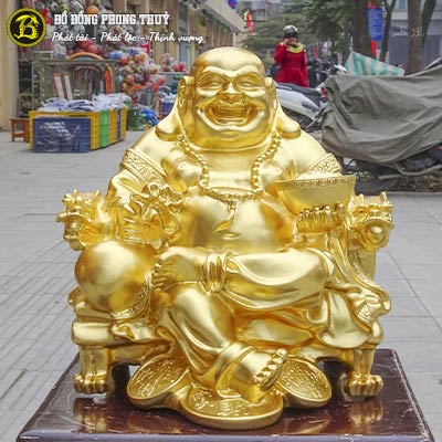 Tượng Phật Di Lặc Ngồi Ngai Bằng Đồng Dát Vàng 9999 Cao 35cm - TDL015