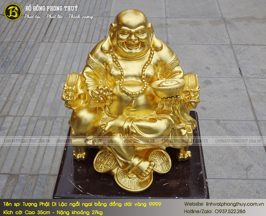 tượng Phật Di Lặc ngồi ngai bằng đồng đỏ cao 35cm dát vàng 9999