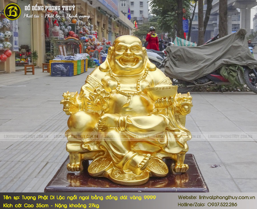 tượng Phật Di Lặc ngồi ngai bằng đồng đỏ cao 35cm dát vàng 9999
