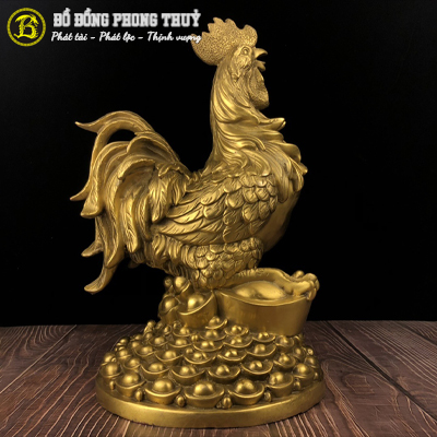 Tượng Gà Đứng Trên Mâm Vàng Bằng Đồng Cao 27cm - TGBD119