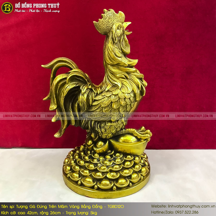 tượng gà đứng trên mâm vàng bằng đồng cao 42cm