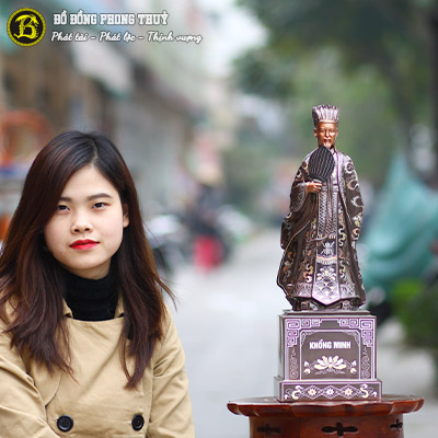Tượng Khổng Minh Bằng Đồng Khảm Tam Khí Cao 48cm - TKM002