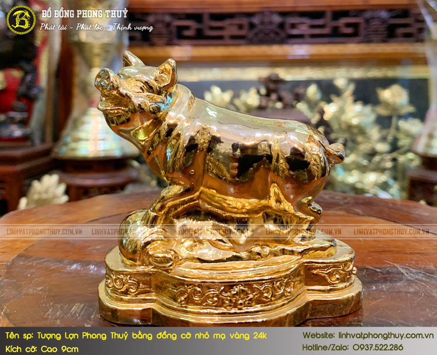 tượng lợn phong thuỷ bằng đồng cỡ nhỏ mạ vàng 24k cao 9cm