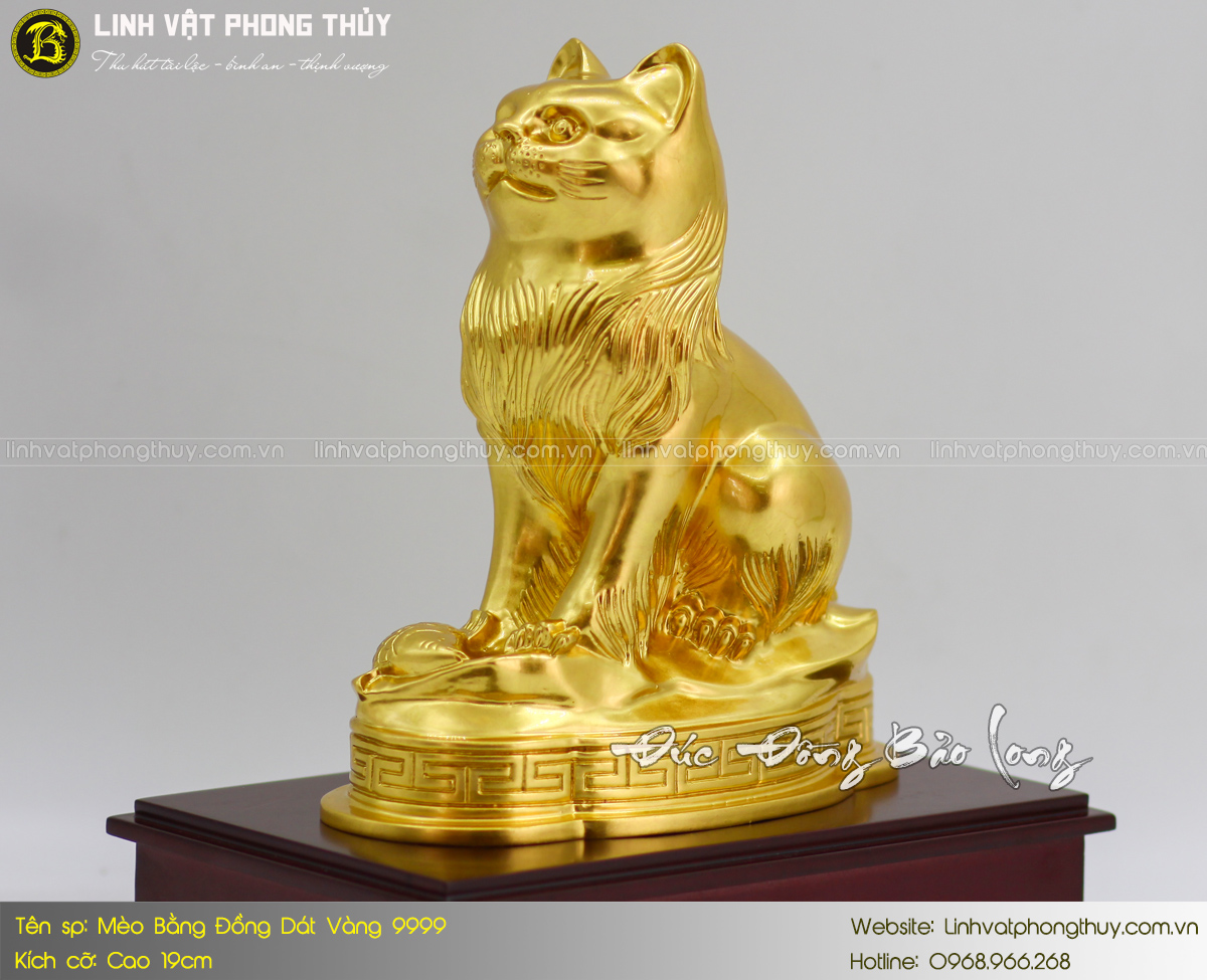 tượng mèo bằng đồng cao 19cm dát vàng 9999