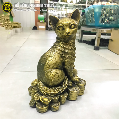Tượng Mèo Ngồi Trên Tiền Bằng Đồng Cao 18cm - TMPT771