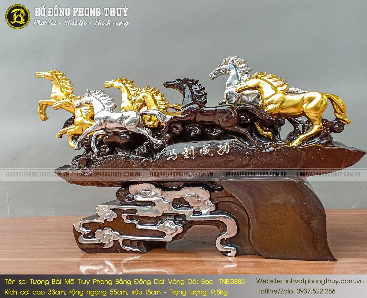 Tượng Bát Mã Đế Mây Bằng Đồng Cao 33cm Dát Vàng Dát Bạc - TNBD885 3