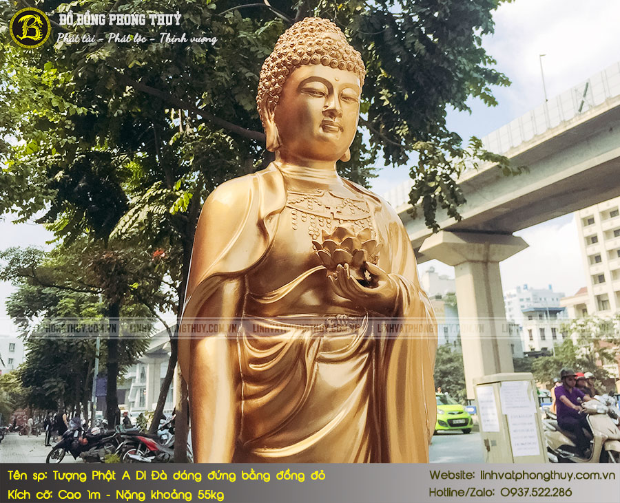 Tượng Phật A Di Đà đứng đài sen bằng đồng đỏ cao 1m