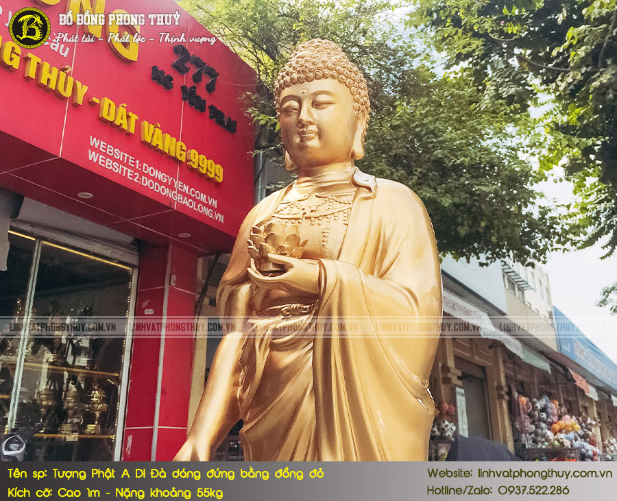 Tượng Phật A Di Đà đứng đài sen bằng đồng đỏ cao 1m