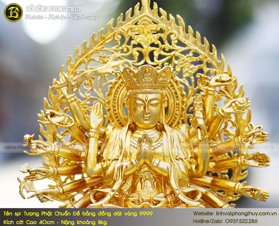 tượng Phật Mẫu Chuẩn Đề bằng đồng cao 40cm dát vàng 9999