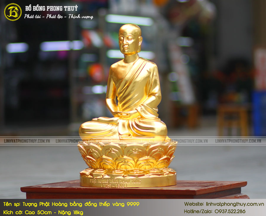 tượng Phật Hoàng Trần Nhân Tông bằng đồng thếp vàng 9999 cao 50cm