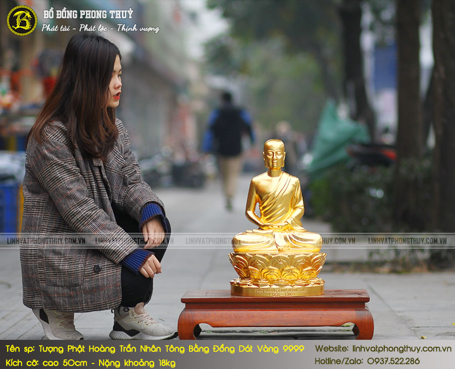 tượng Phật Hoàng Trần Nhân Tông bằng đồng thếp vàng 9999 cao 50cm
