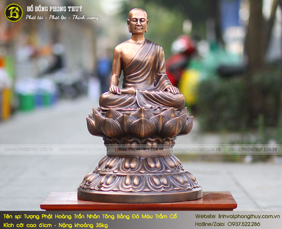 tượng Phật Hoàng Trần Nhân Tông bằng đồng màu trầm cổ cao 61cm
