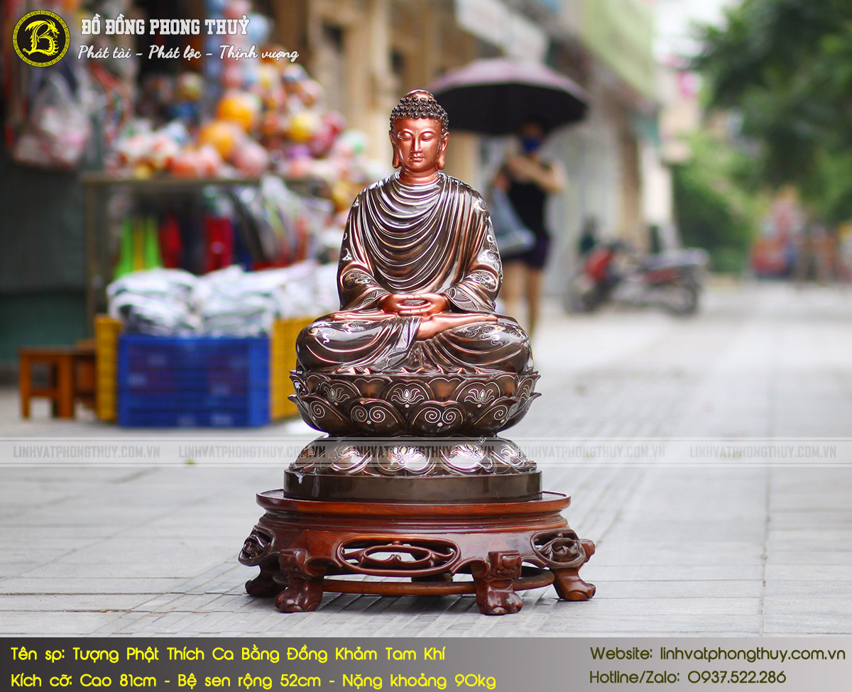 tượng Phật Thích Ca bằng đồng khảm tam khí cao 81cm