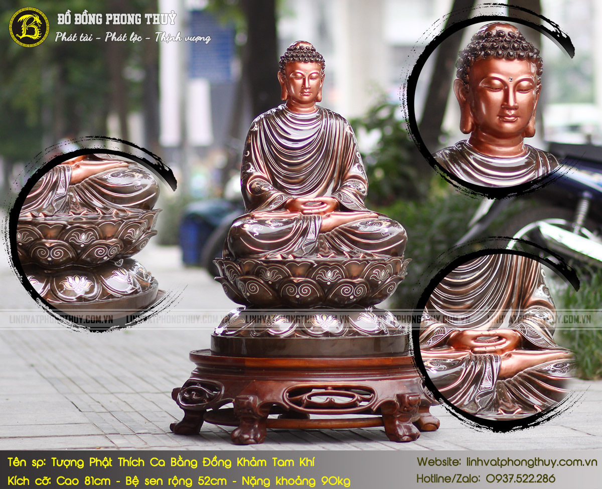 tượng Phật Thích Ca bằng đồng khảm tam khí cao 81cm