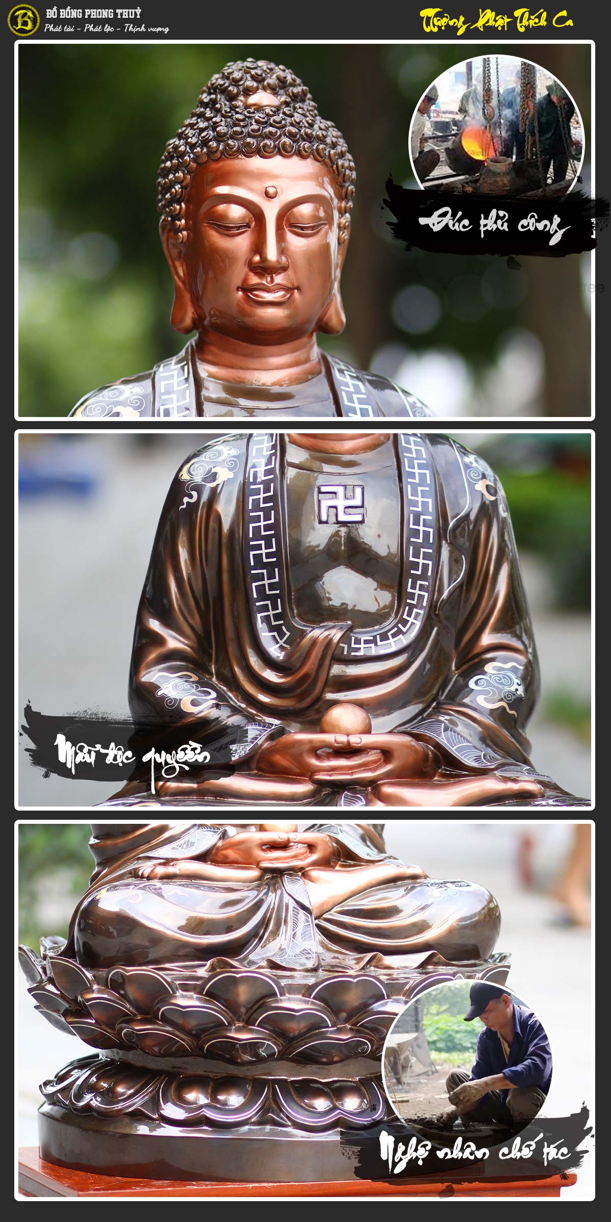 tượng Phật Thích Ca bằng đồng khảm tam khí cao 89cm