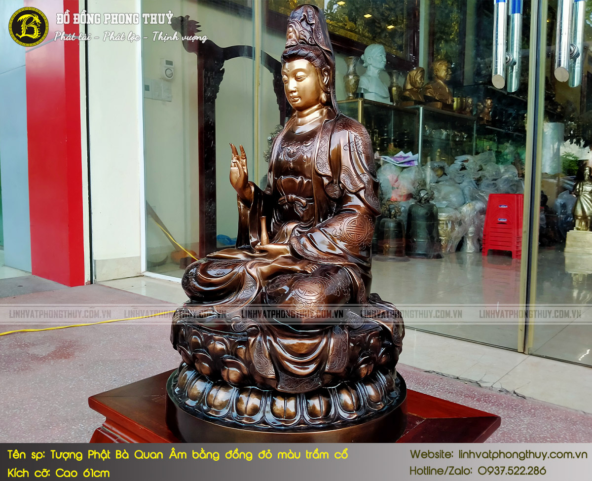 tượng Phật Quan Âm bằng đồng đỏ màu trầm cổ cao 61cm