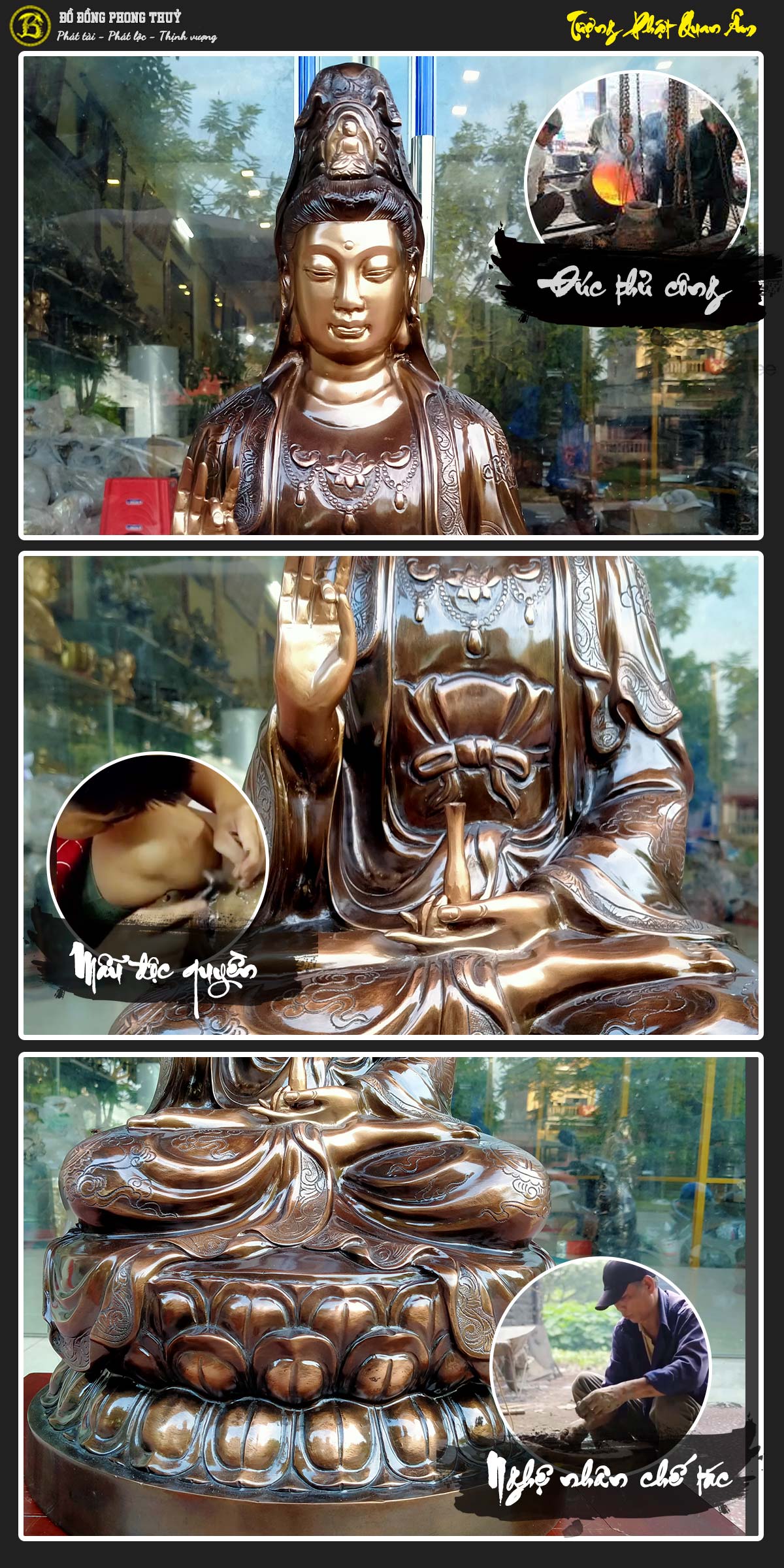 tượng Phật Quan Âm bằng đồng đỏ màu trầm cổ cao 61cm