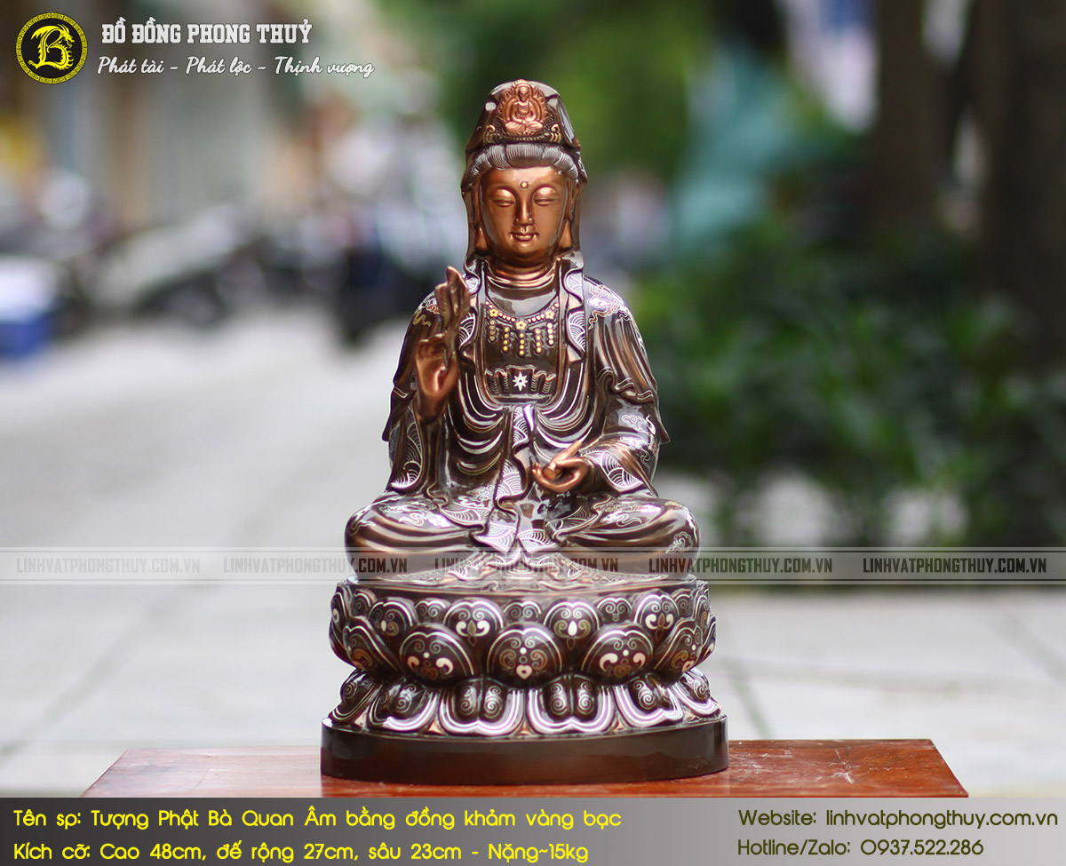 Tượng Phật Quan Âm Bằng Đồng Khảm Tam Khí Cao 48cm - TP008 2