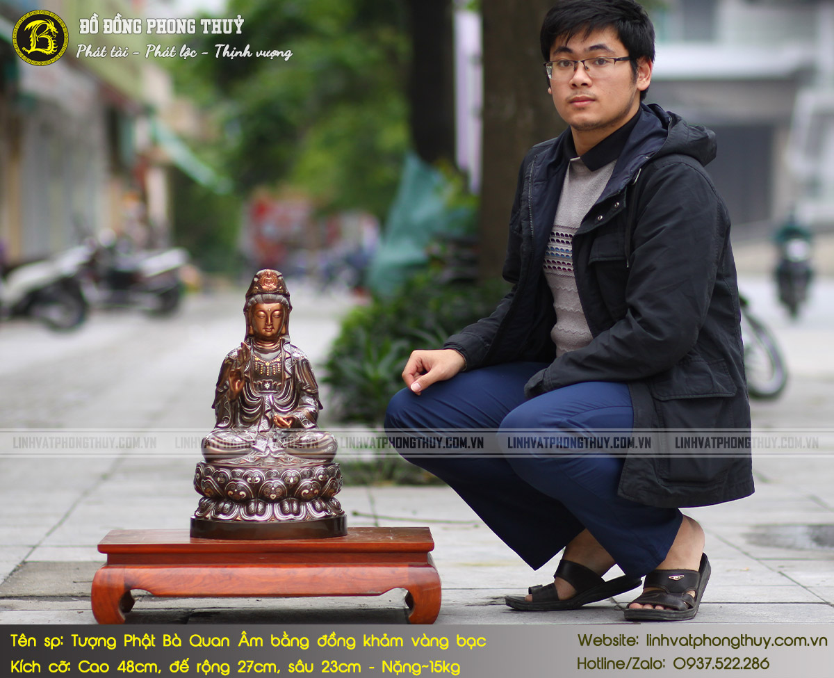 tượng Phật Quan Âm bằng đồng khảm vàng bạc cao 48cm
