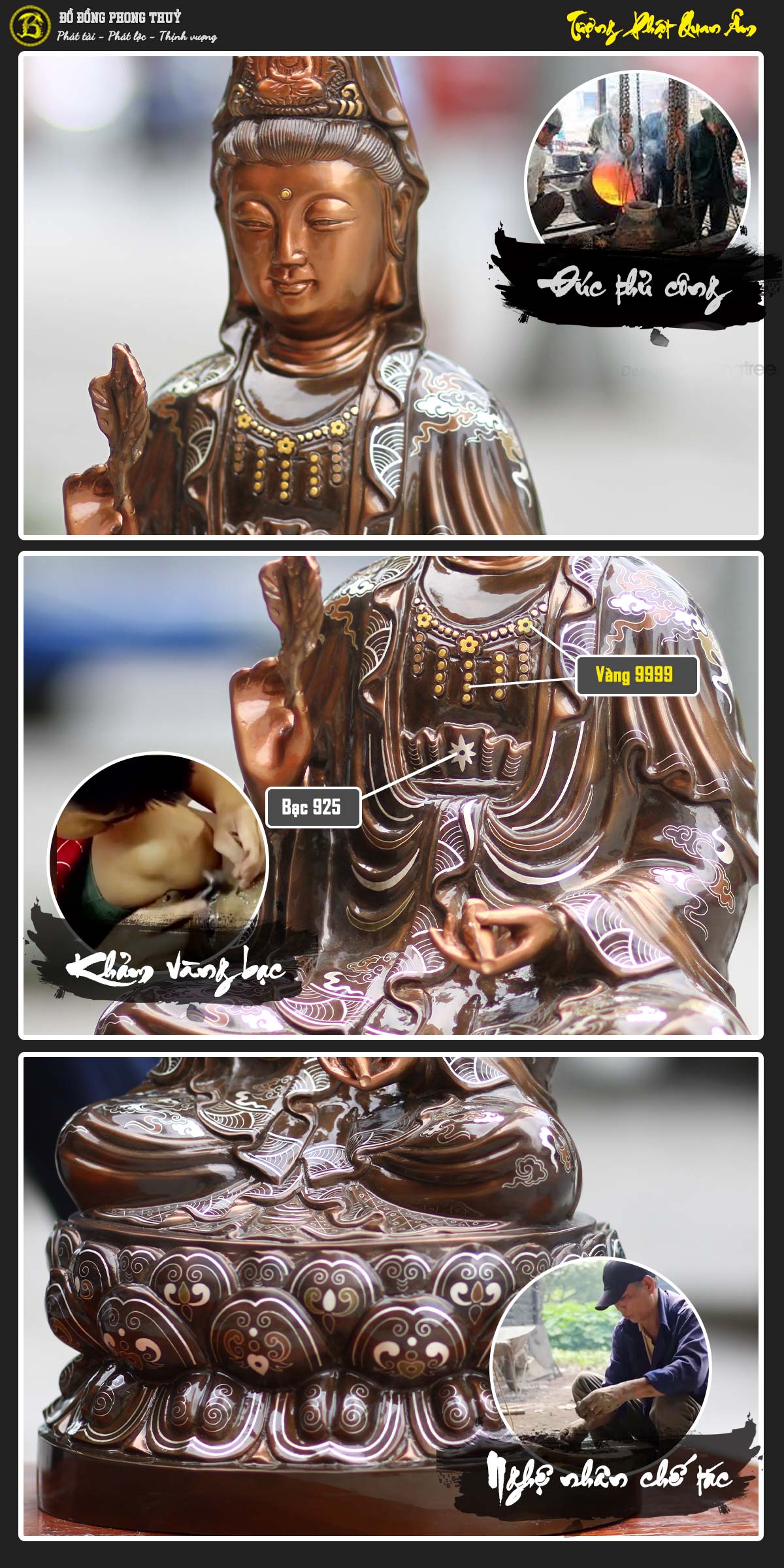 tượng Phật Quan Âm bằng đồng khảm vàng bạc cao 48cm