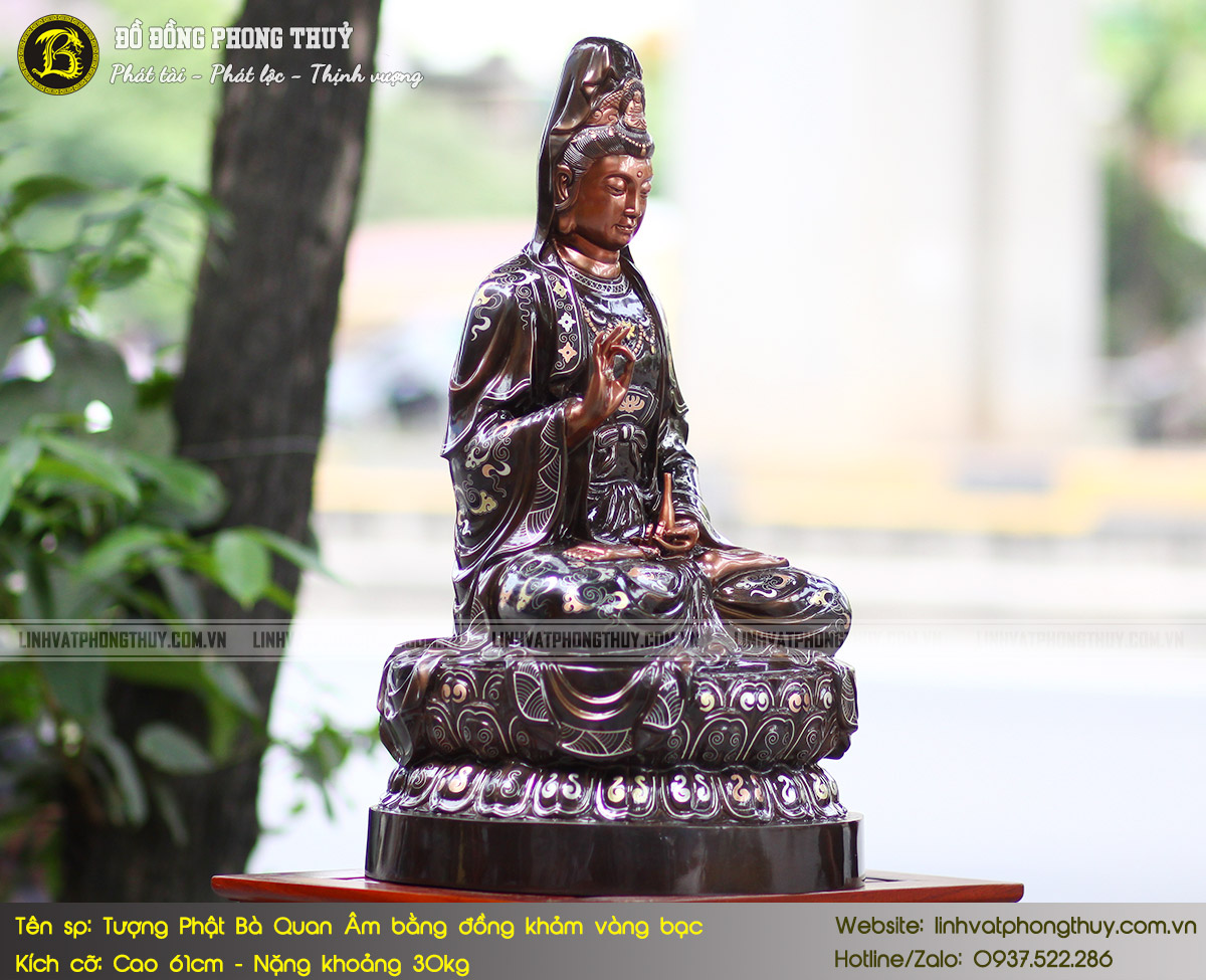 Tượng Phật Quan Âm Bằng Đồng Khảm Vàng Bạc Cao 61cm - TP006 4