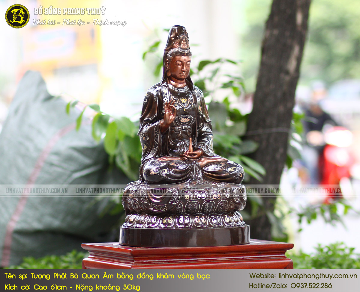 Tượng Phật Quan Âm Bằng Đồng Khảm Vàng Bạc Cao 61cm - TP006 5
