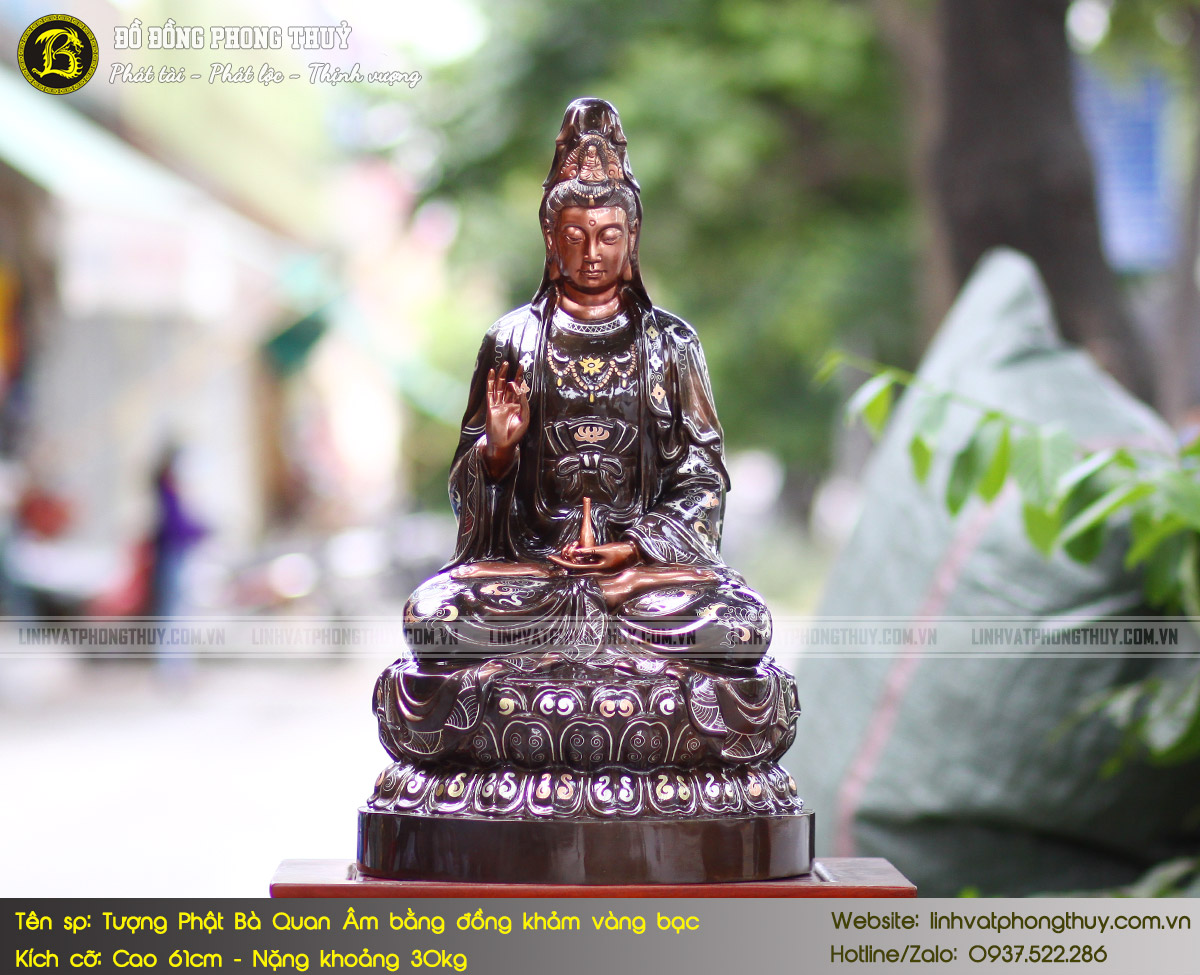 Tượng Phật Quan Âm Bằng Đồng Khảm Vàng Bạc Cao 61cm - TP006 6