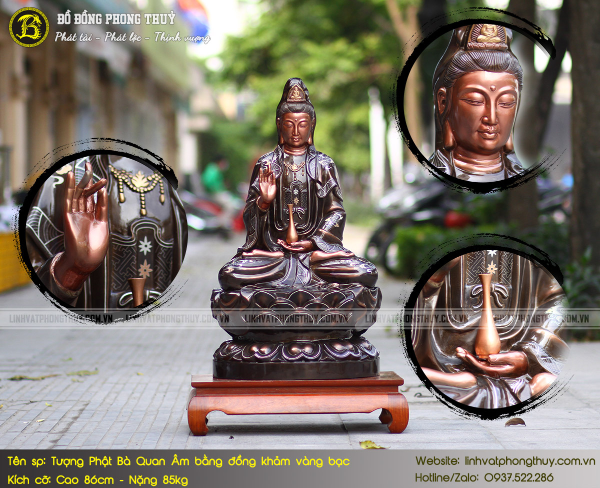tượng Phật Quan Âm bằng đồng khảm vàng bạc cao 86cm