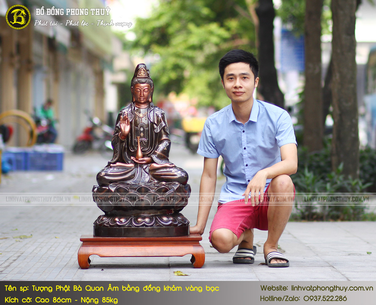 Tượng Phật Quan Âm Bằng Đồng Khảm Vàng Bạc Cao 86cm - TP007 2