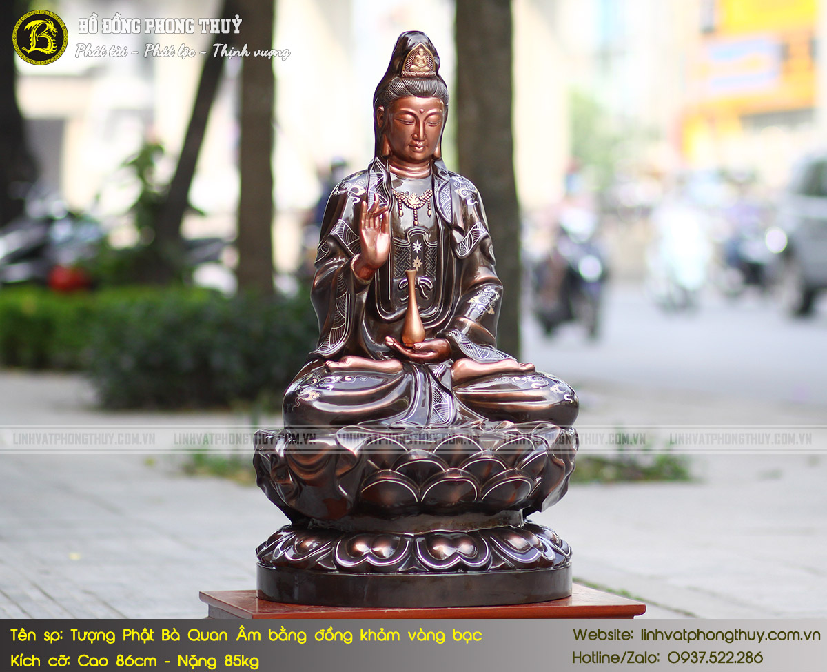 Tượng Phật Quan Âm Bằng Đồng Khảm Vàng Bạc Cao 86cm - TP007 4