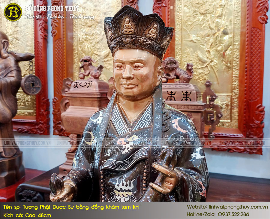 Tượng Phật Dược Sư Bằng Đồng Khảm Tam Khí Cao 48cm - TP0018 3