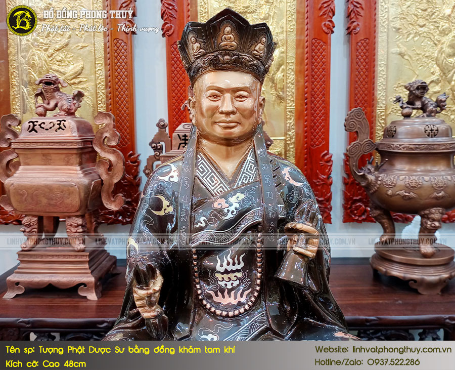tượng Phật Dược Sư bằng đồng khảm tam khí cao 48cm