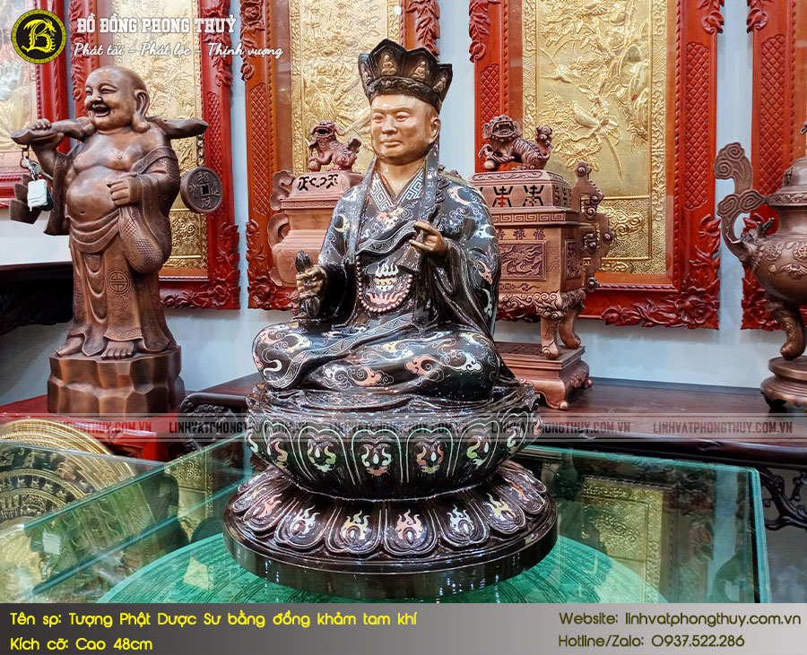 tượng Phật Dược Sư bằng đồng khảm tam khí cao 48cm