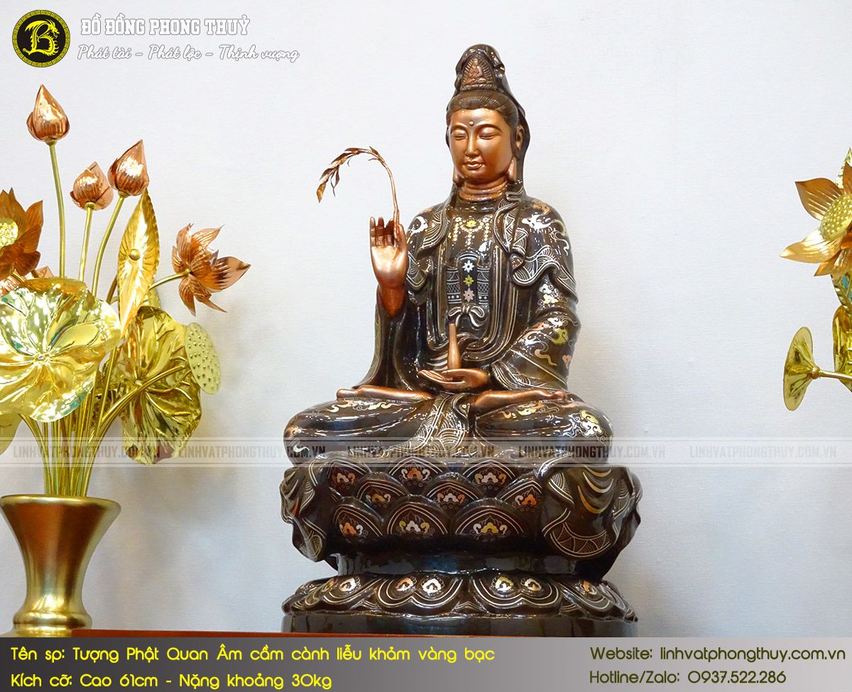 Tượng Phật Quan Âm cầm cành liễu bằng đồng khảm vàng bạc cao 61cm