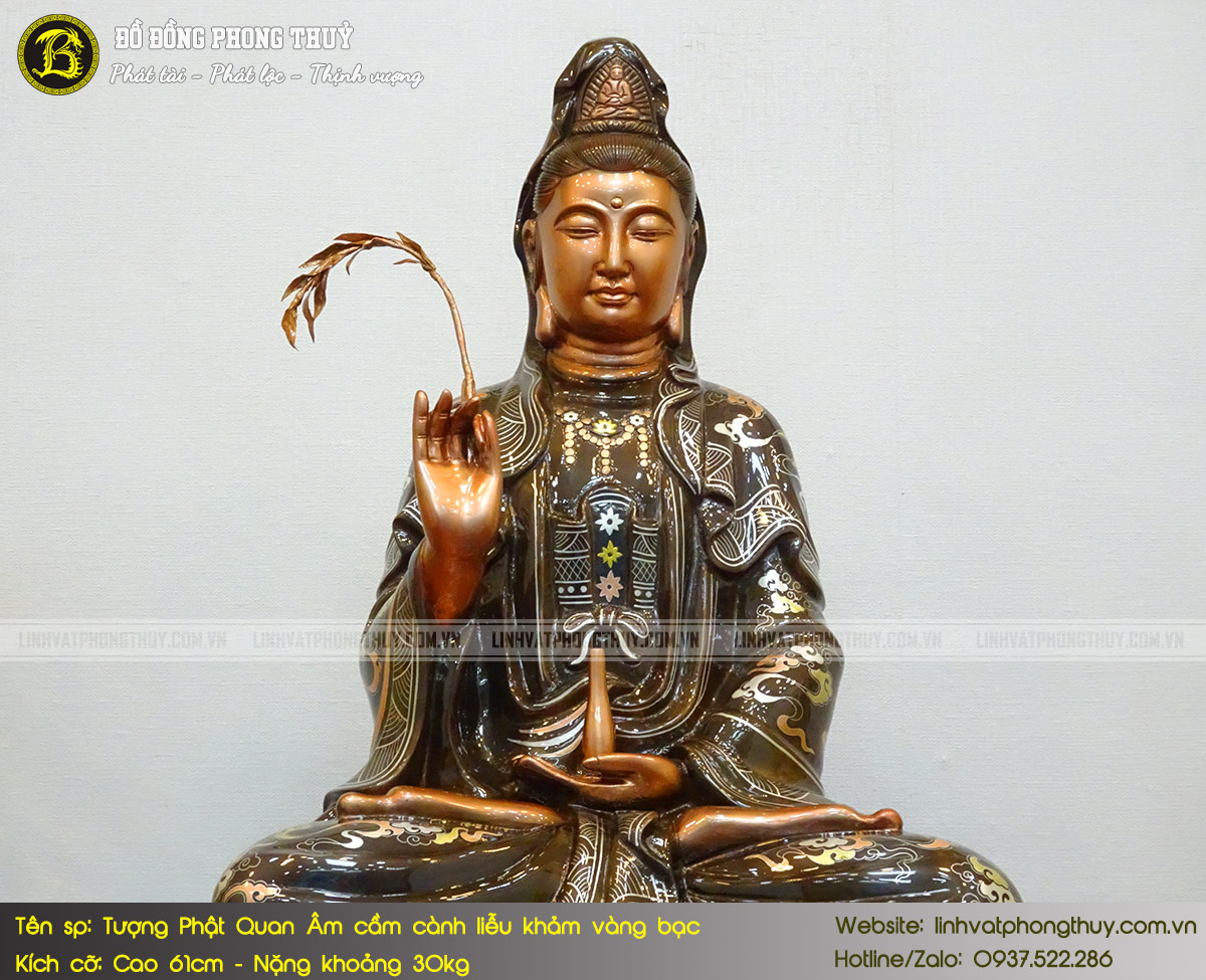 Tượng Phật Quan Âm cầm cành liễu bằng đồng khảm vàng bạc cao 61cm