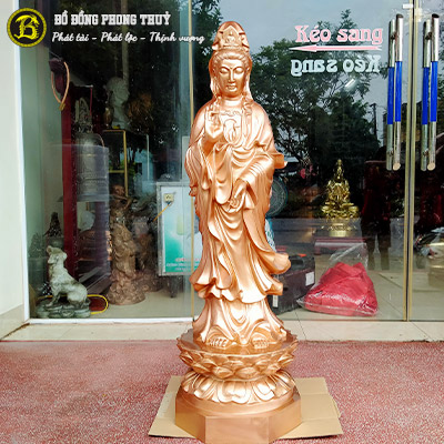 Tượng Phật Quan Âm Đứng Đài Sen Bằng Đồng Đỏ Cao 1m27 - TP011