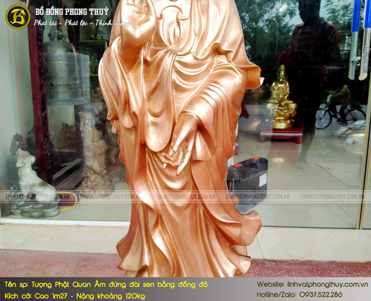 tượng Phật Quan Âm đứng đài sen bằng đồng đỏ cao 1m27