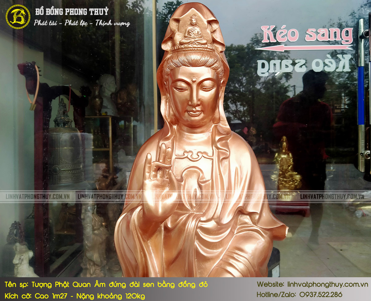 tượng Phật Quan Âm đứng đài sen bằng đồng đỏ cao 1m27