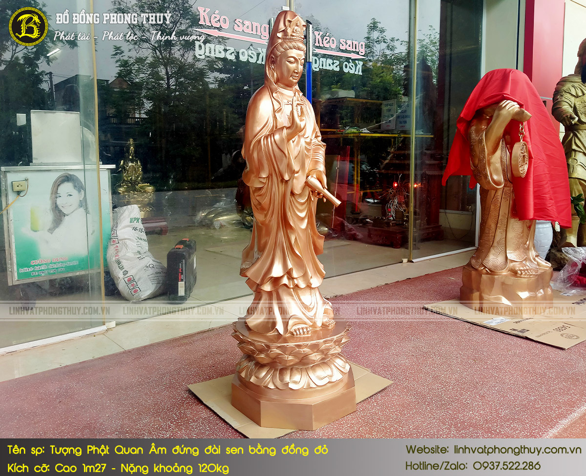 Tượng Phật Quan Âm Đứng Đài Sen Bằng Đồng Đỏ Cao 1m27 - TP011 7