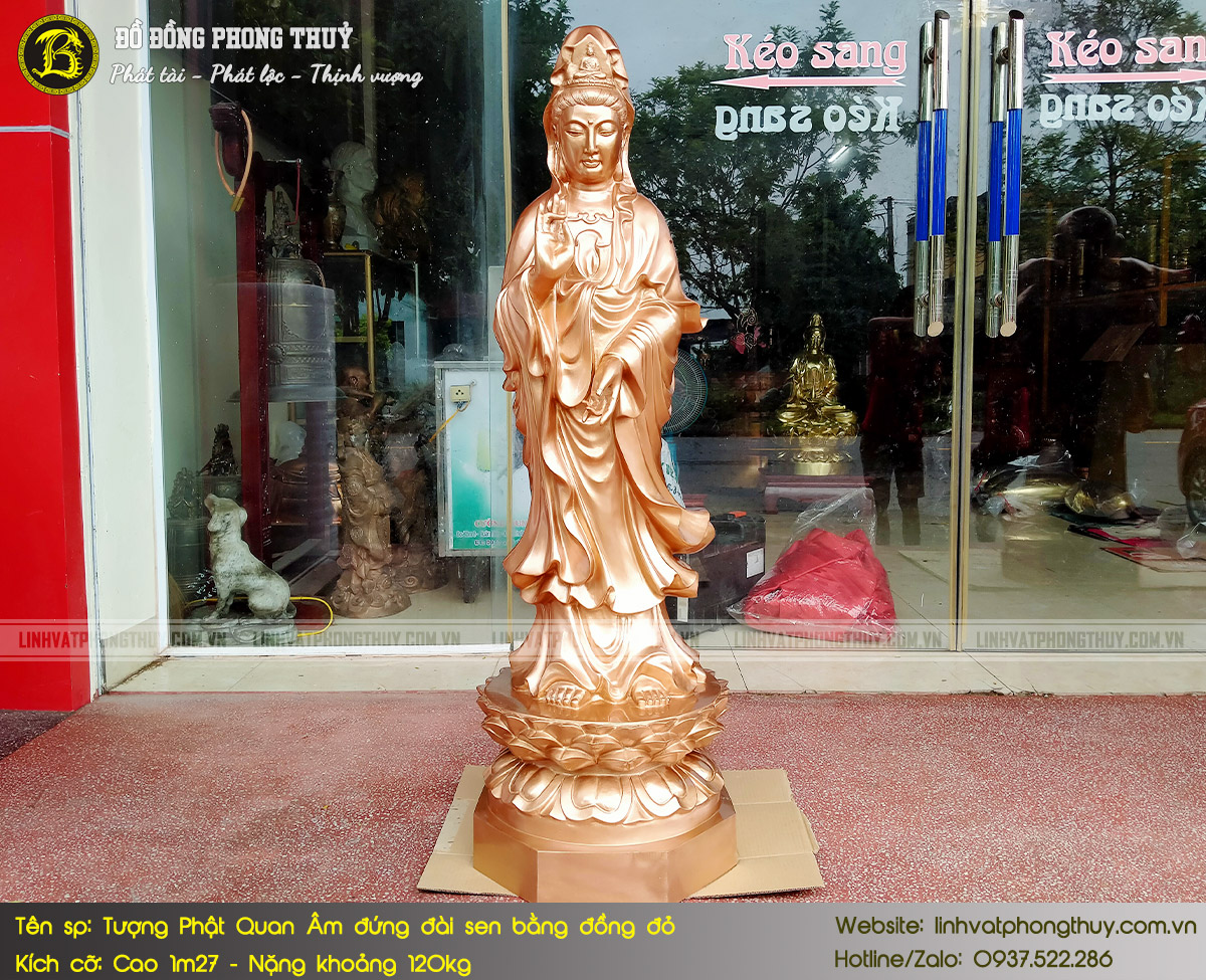 Tượng Phật Quan Âm Đứng Đài Sen Bằng Đồng Đỏ Cao 1m27 - TP011 2