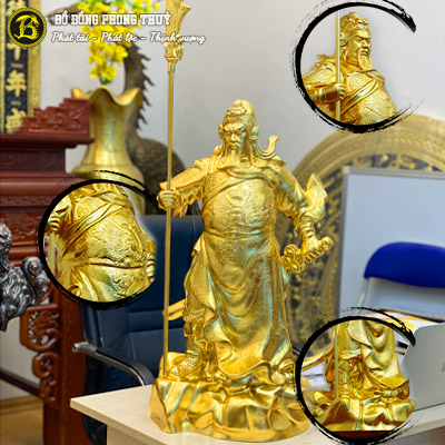 Tượng Quan Công Đứng Chống Đao Bằng Đồng Đỏ Cao 61cm Dát Vàng 9999 - TQC007