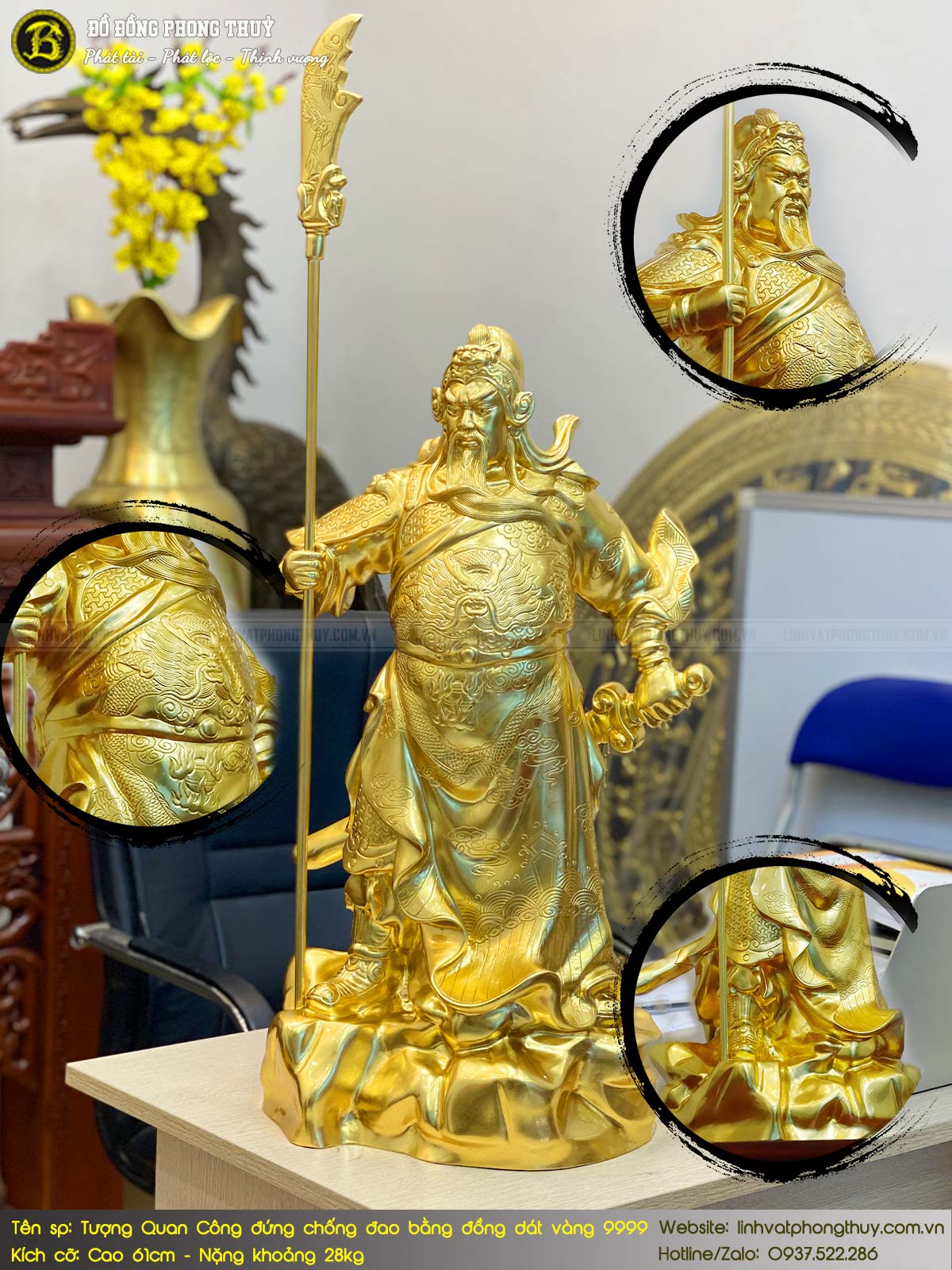 tượng Quan Công đứng chống đao bằng đồng đỏ cao 61cm dát vàng 9999