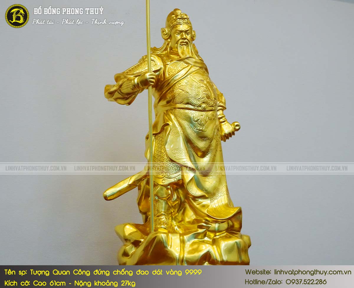 Tượng Quan Công Đứng Chống Đao Bằng Đồng Đỏ Cao 61cm Dát Vàng 9999 - TQC007 4
