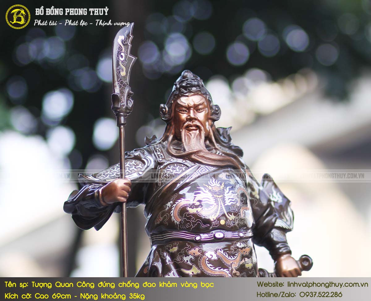 Tượng Quan Công Đứng Chống Đao Bằng Đồng Khảm Vàng Bạc Cao 69cm - TQC012 3