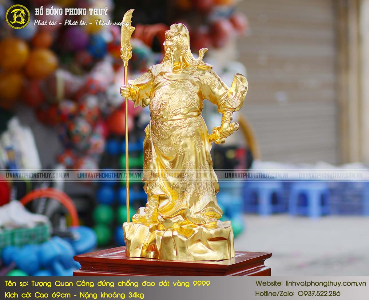 Tượng Quan Công Đứng Chống Đao Bằng Đồng Cao 69cm Dát Vàng 9999 4