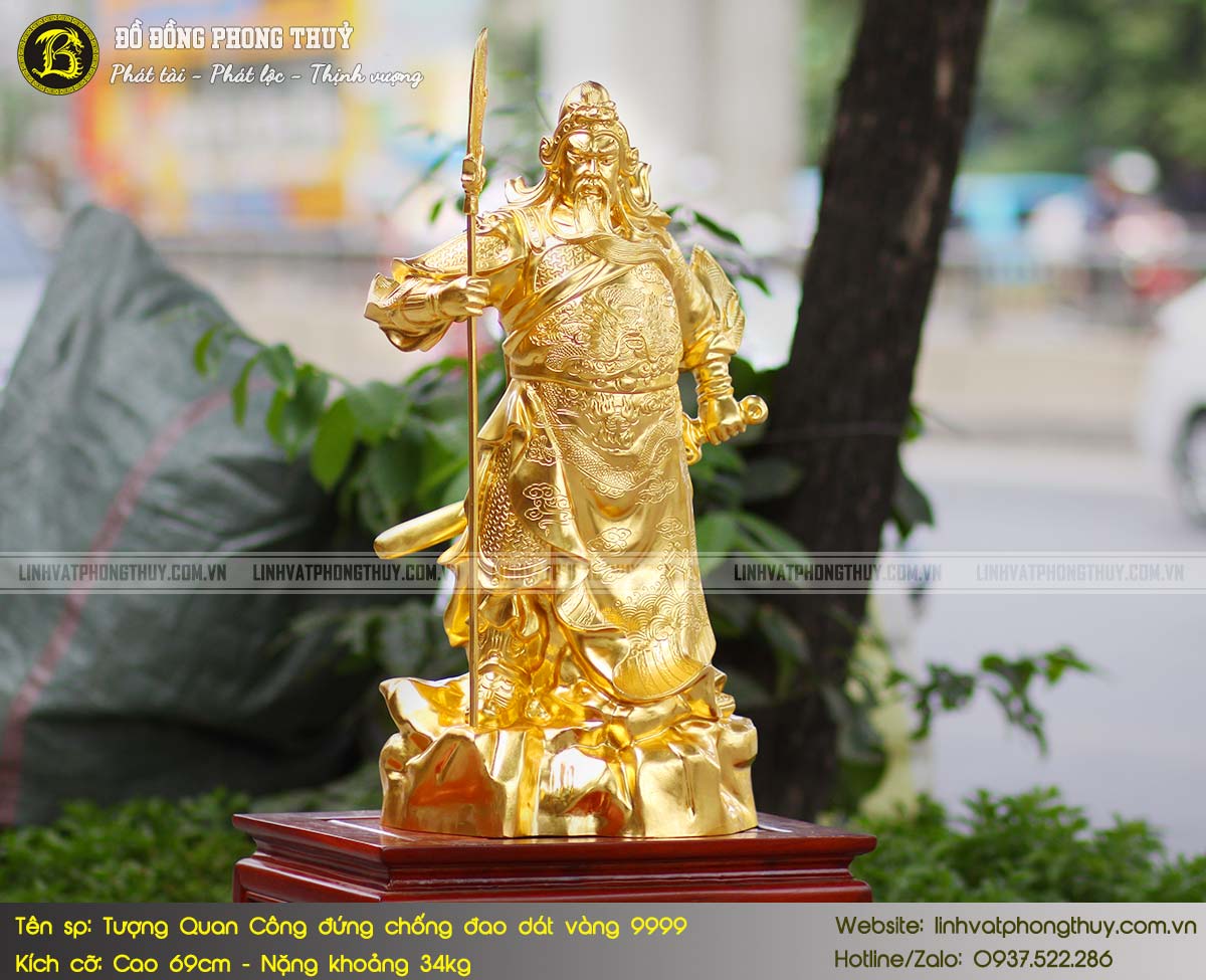Tượng Quan Công Đứng Chống Đao Bằng Đồng Cao 69cm Dát Vàng 9999 3