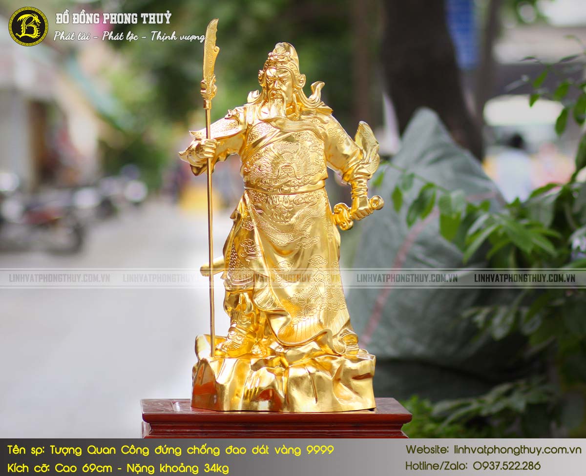 Tượng Quan Công Đứng Chống Đao Bằng Đồng Cao 69cm Dát Vàng 9999 2
