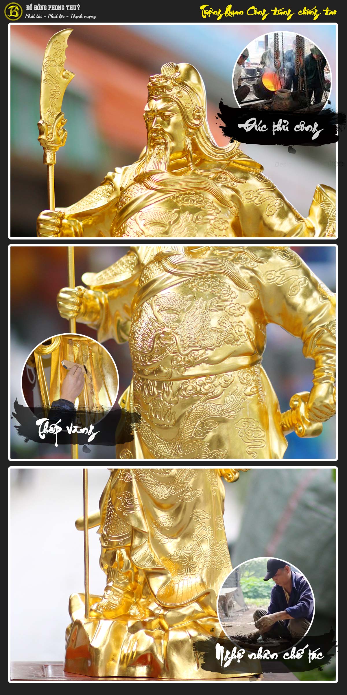 tượng Quan Công đứng chống đao bằng đồng đỏ cao 69cm dát vàng 9999