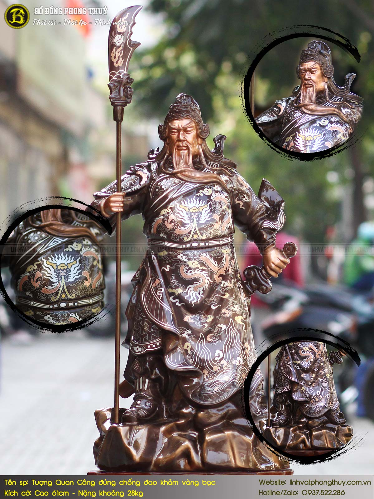 tượng Quan Công đứng chống đao bằng đồng khảm vàng bạc cao 61cm