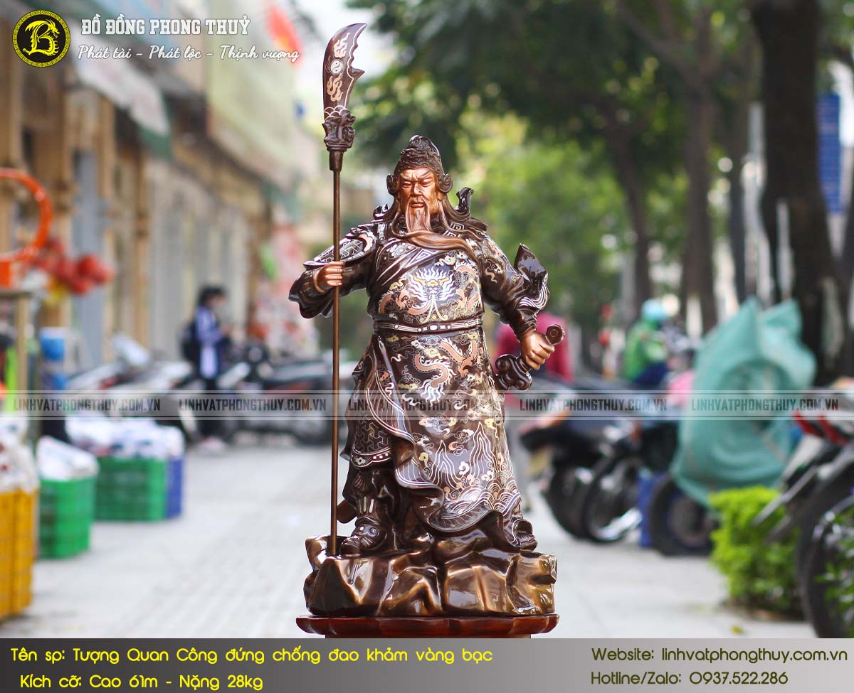 Tượng Quan Công Đứng Chống Đao Bằng Đồng Khảm Vàng Bạc Cao 61cm - TQC004 2